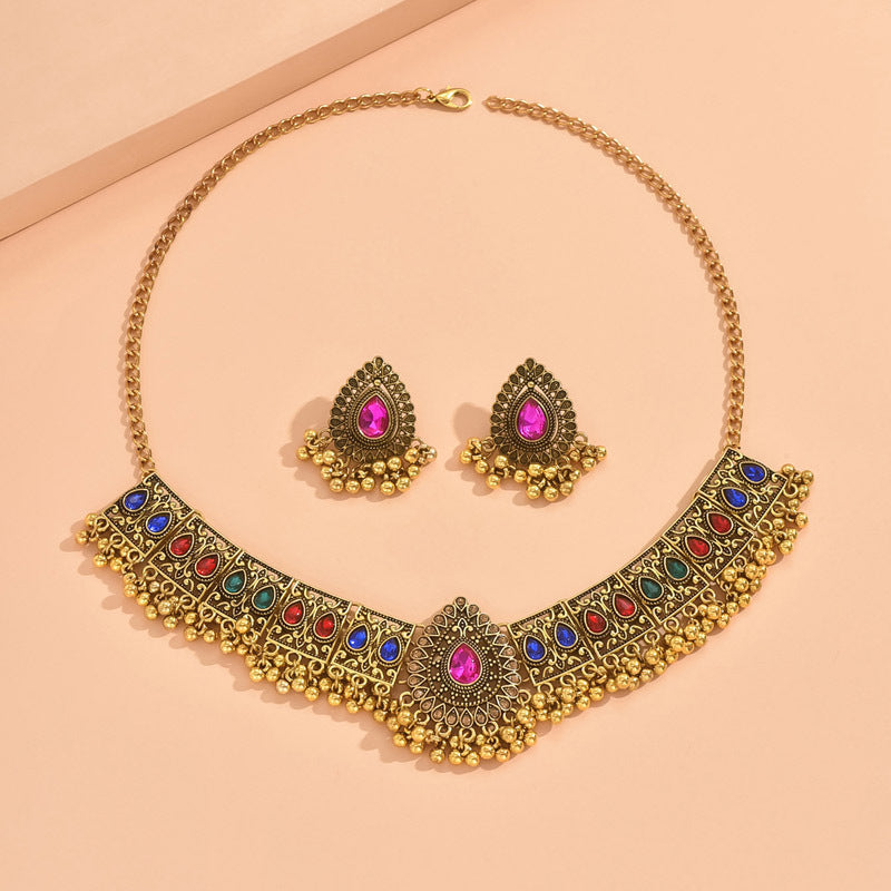 Indian Ethnic Style Vintage Gemstone Beads Jewelry Earrings Necklace set