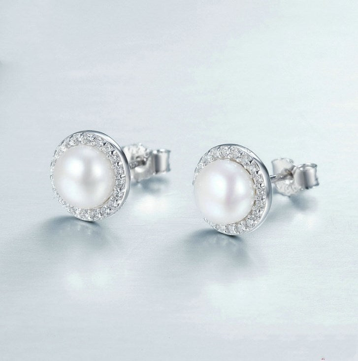 925 Sterling Silver Classic Round Sparkling CZ Freshwater Pearl Stud Earrings