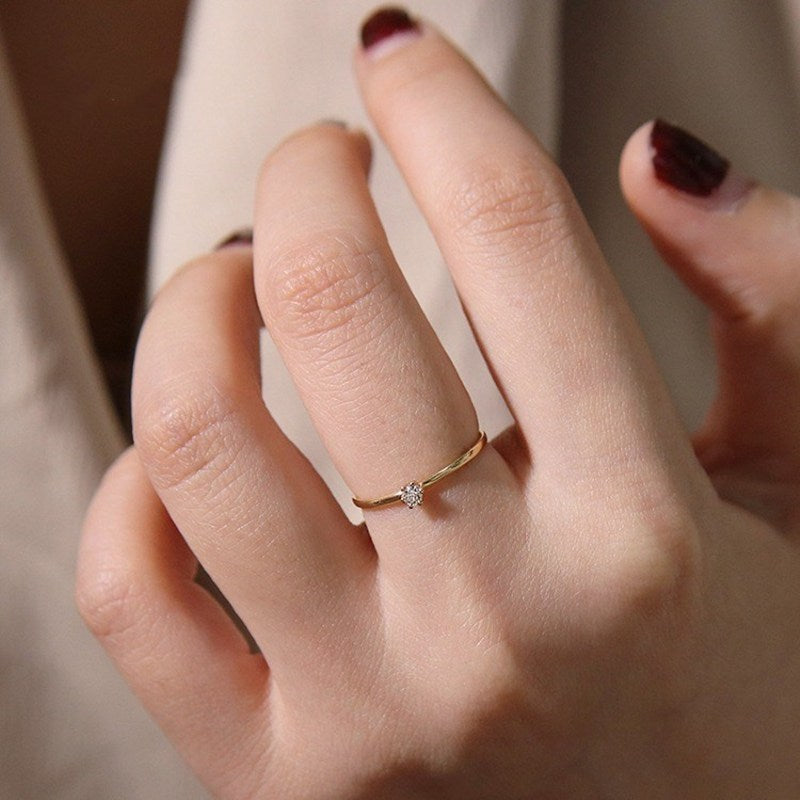Very Thin Single Diamond Ring With 925 Sterling Silver Plated 14K Gold Ring For Ladies Tail Ring