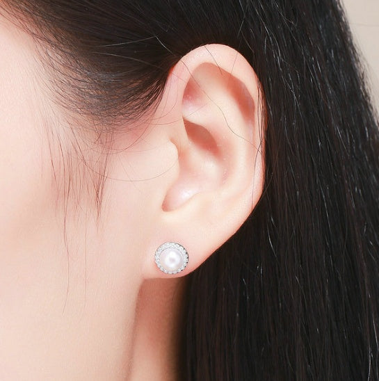 925 Sterling Silver Classic Round Sparkling CZ Freshwater Pearl Stud Earrings