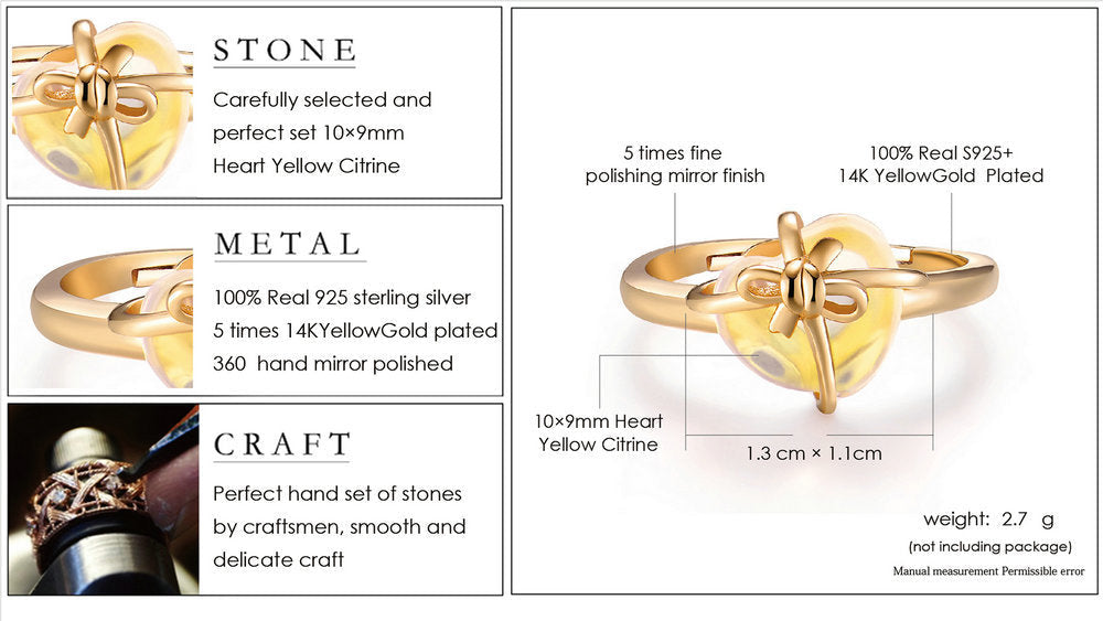 925 sterling silver lemon crystal love bow ring jewelry