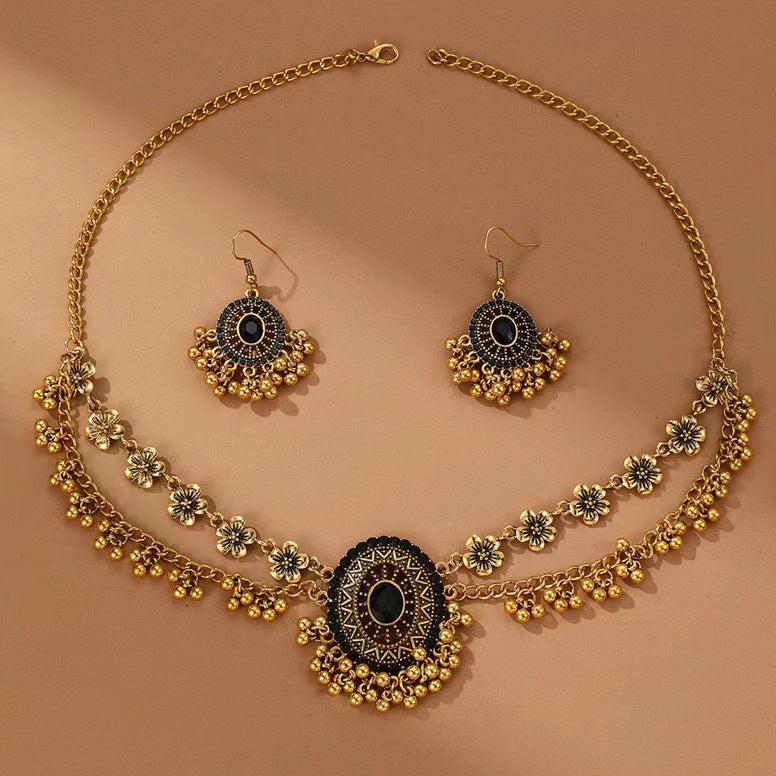 Indian Ethnic Style Vintage Gemstone Beads Jewelry Earrings Necklace set