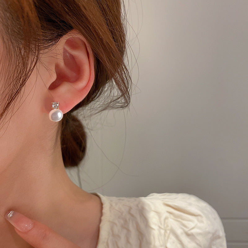 Micro Inlaid Zircon Freshwater Pearl 925 Silver Needle