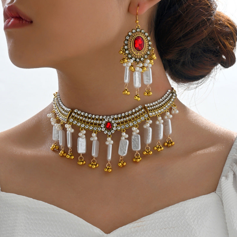 Indian Ethnic Style Vintage Gemstone Beads Jewelry Earrings Necklace set
