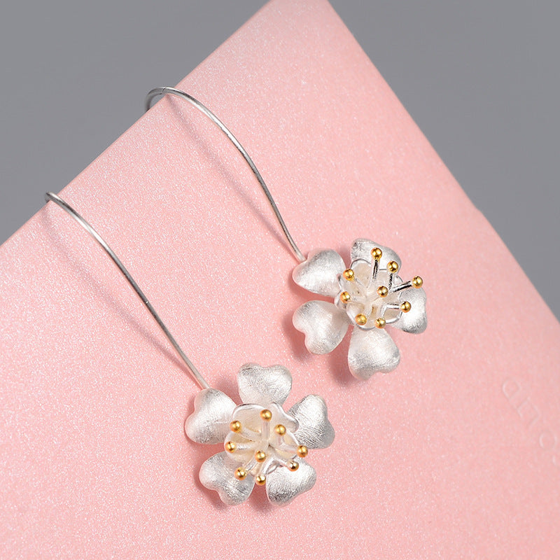 Long Jewelry Craft Flower Gold-plated S925 Sterling Silver Earrings