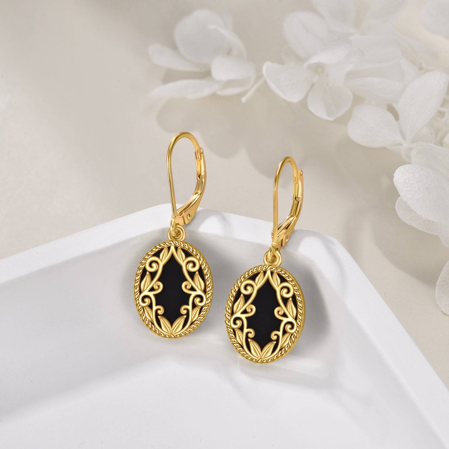Gold Plated Black Agate Sterling Silver Drop Dangle Earrings Jewelry Gift for Women