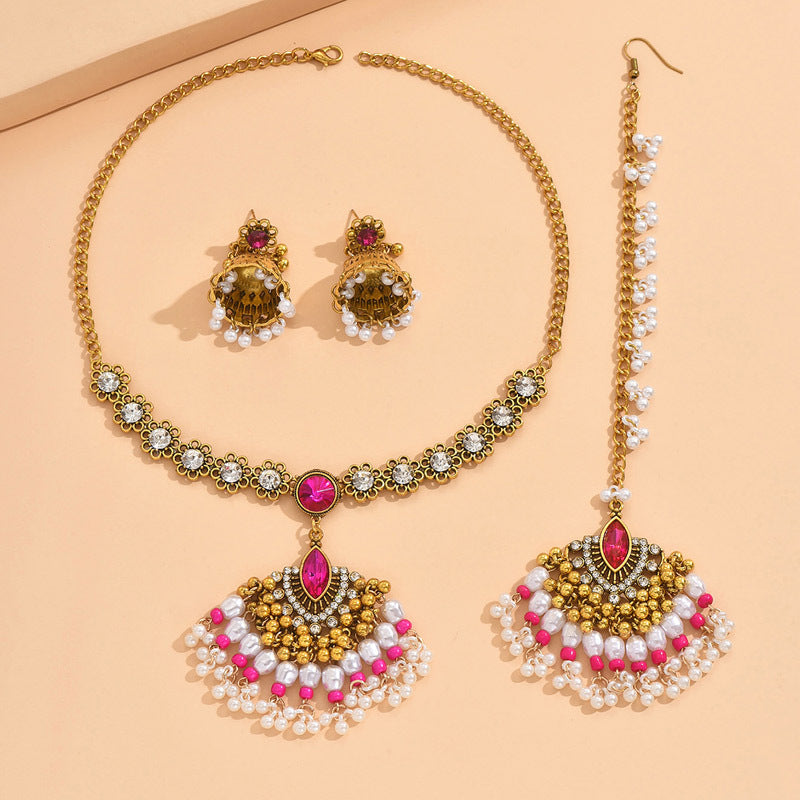 Indian Ethnic Style Vintage Gemstone Beads Jewelry Earrings Necklace set