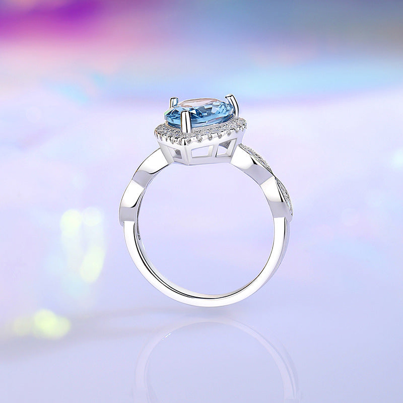 Farvede ædelstene Ring Kvinde S925 Sterling Sølv Ocean Blue Temperament Pendler