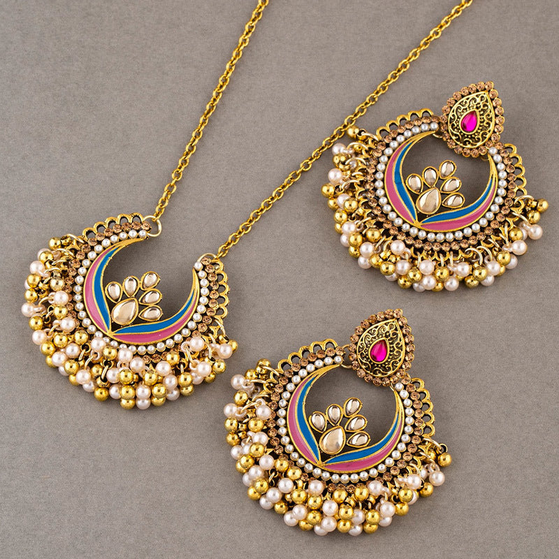 Indian Ethnic Style Vintage Gemstone Beads Jewelry Earrings Necklace set