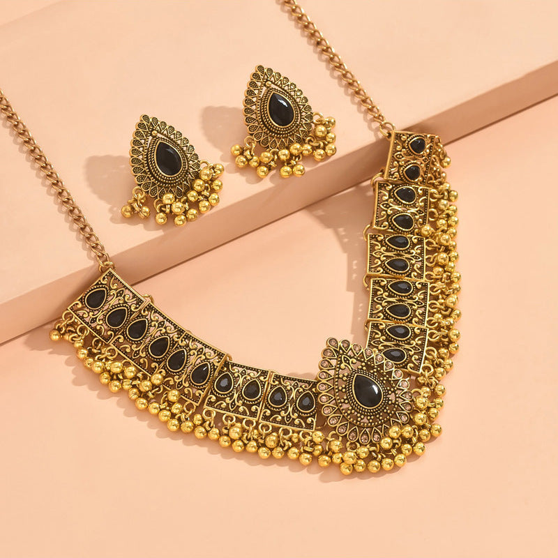 Indian Ethnic Style Vintage Gemstone Beads Jewelry Earrings Necklace set