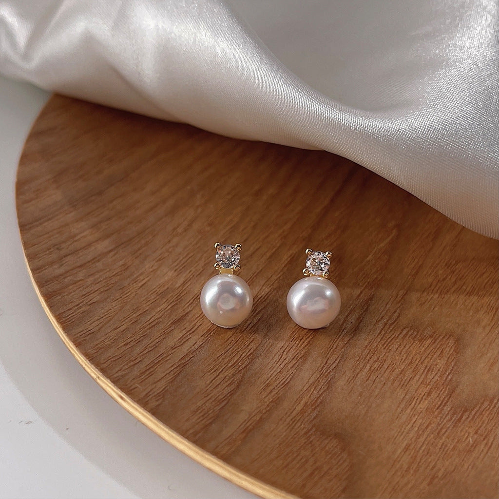 Micro Inlaid Zircon Freshwater Pearl 925 Silver Needle