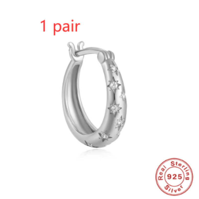 S925 Sterling Sølv Diamond Femtakket Star Earring
