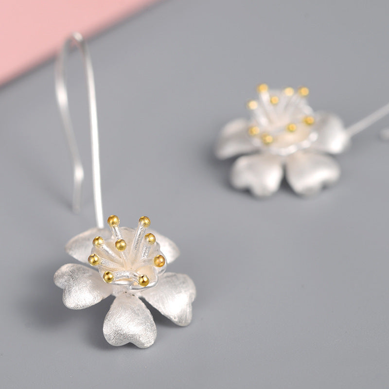 Long Jewelry Craft Flower Gold-plated S925 Sterling Silver Earrings