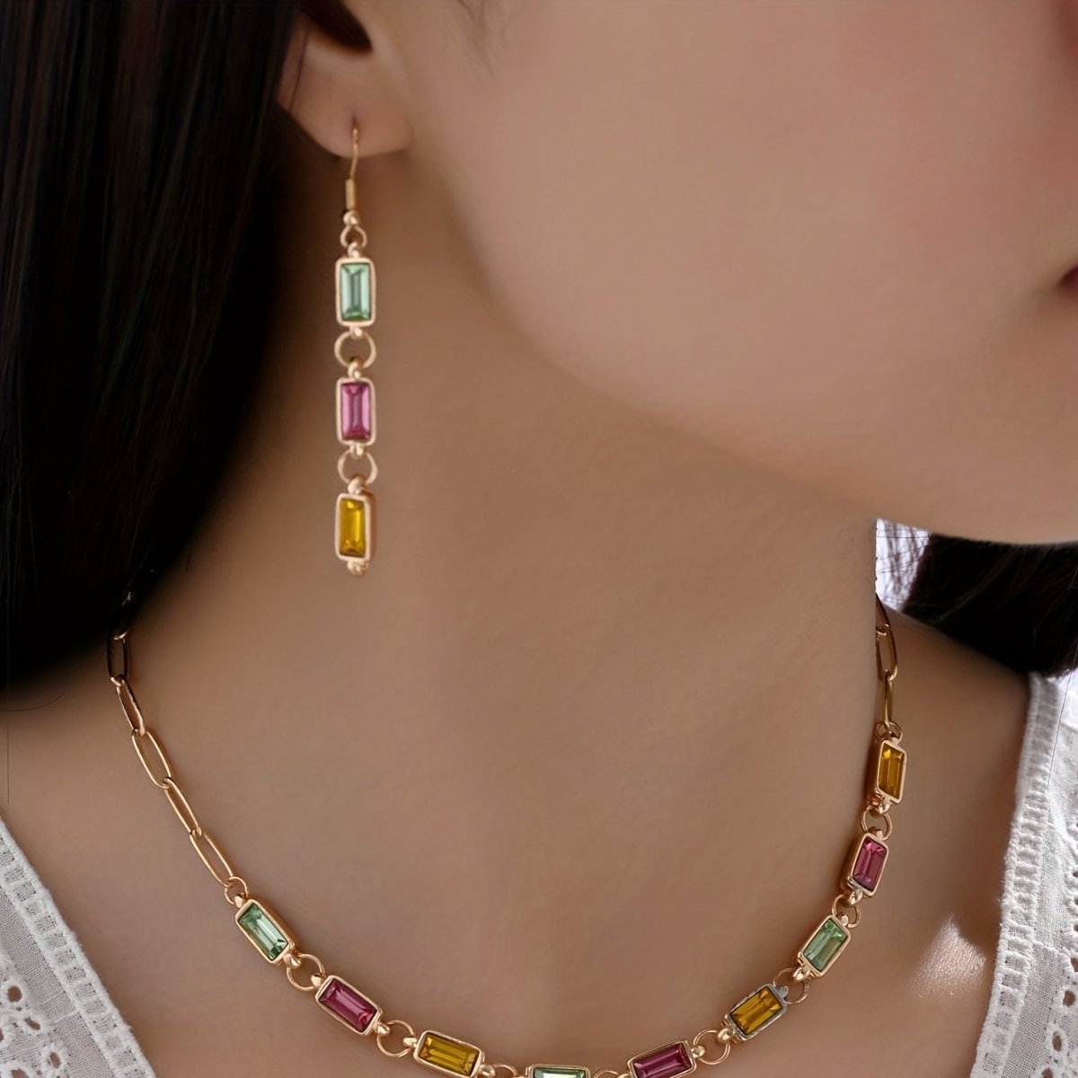 Colorful Crystal Statement Necklace And Earrings Set