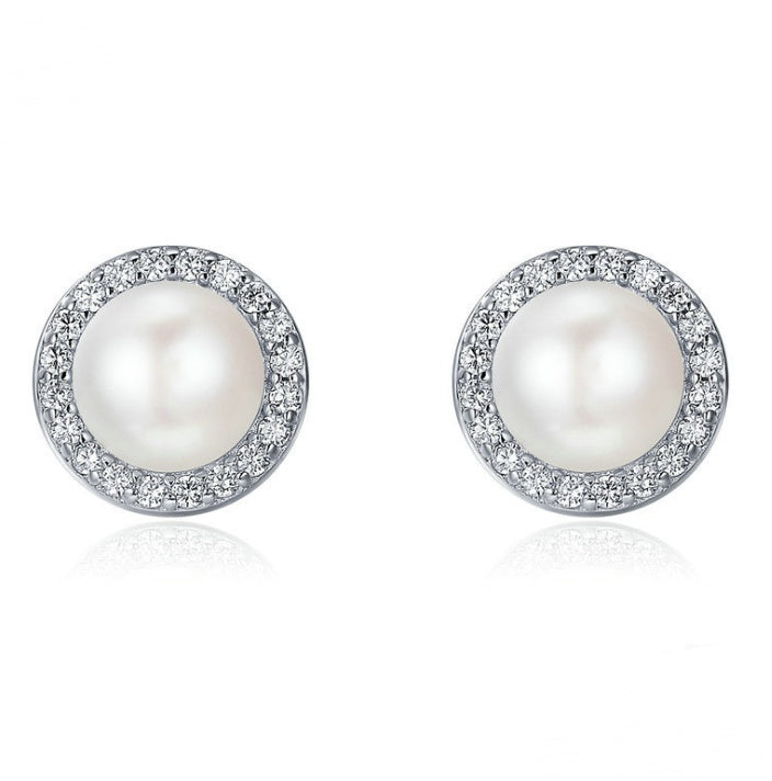 925 Sterling Silver Classic Round Sparkling CZ Freshwater Pearl Stud Earrings