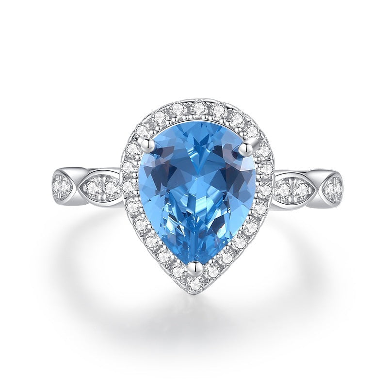 Farvede ædelstene Ring Kvinde S925 Sterling Sølv Ocean Blue Temperament Pendler