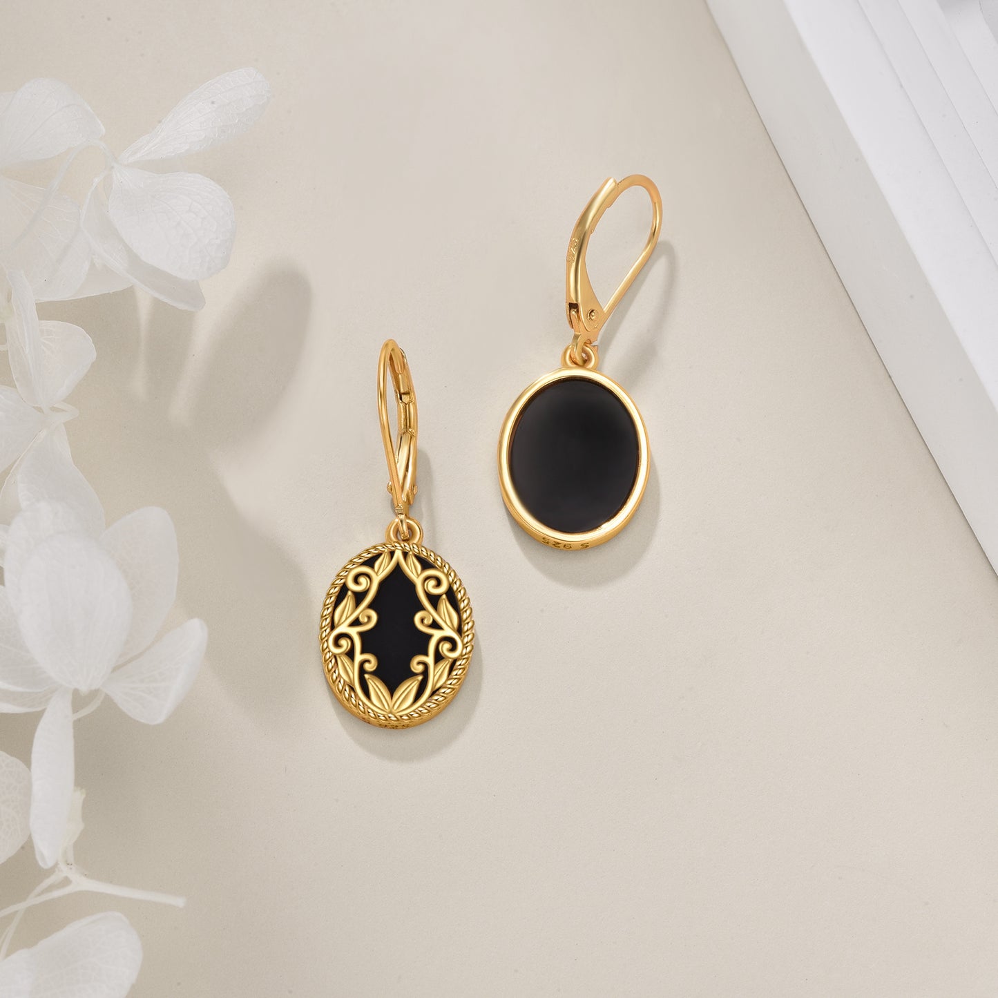 Gold Plated Black Agate Sterling Silver Drop Dangle Earrings Jewelry Gift for Women