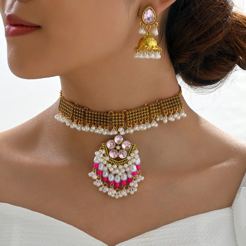 Indian Ethnic Style Vintage Gemstone Beads Jewelry Earrings Necklace set