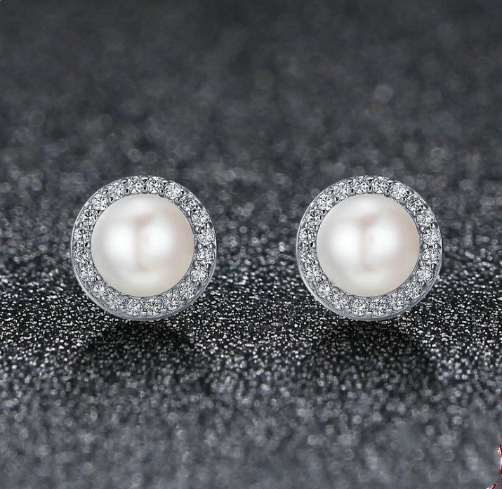 925 Sterling Silver Classic Round Sparkling CZ Freshwater Pearl Stud Earrings