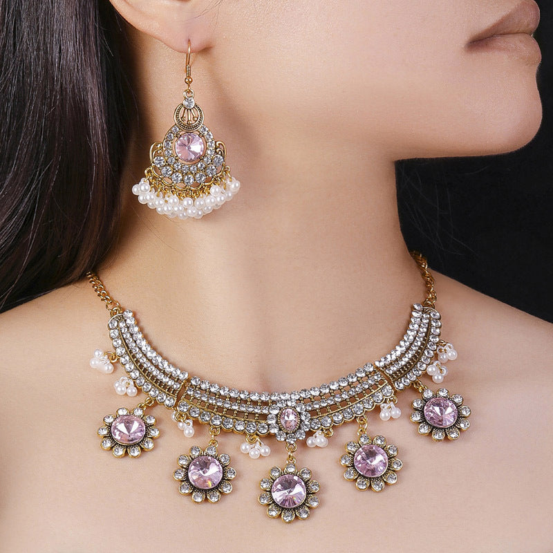 Indian Ethnic Style Vintage Gemstone Beads Jewelry Earrings Necklace set