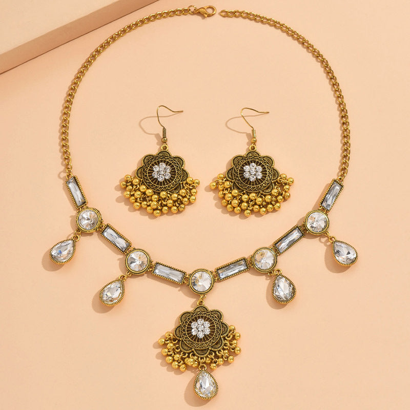 Indian Ethnic Style Vintage Gemstone Beads Jewelry Earrings Necklace set