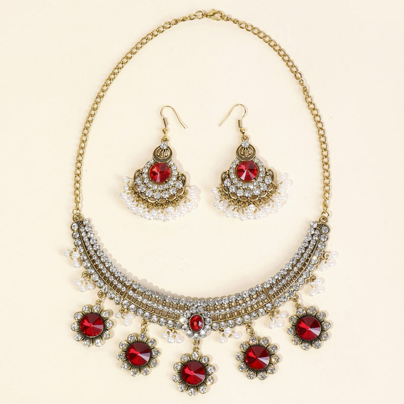 Indian Ethnic Style Vintage Gemstone Beads Jewelry Earrings Necklace set