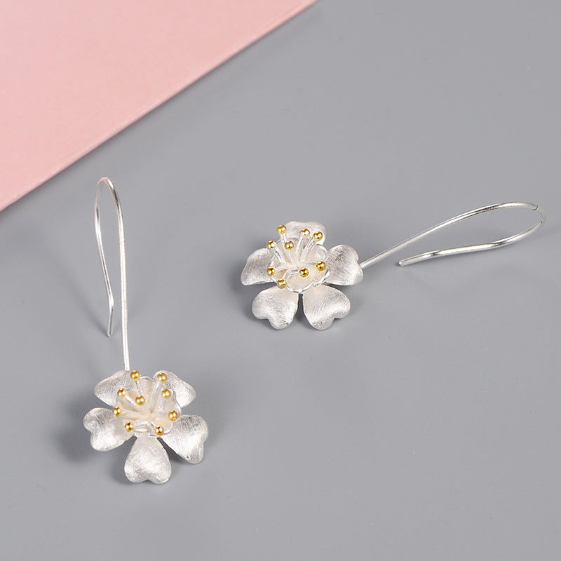 Long Jewelry Craft Flower Gold-plated S925 Sterling Silver Earrings