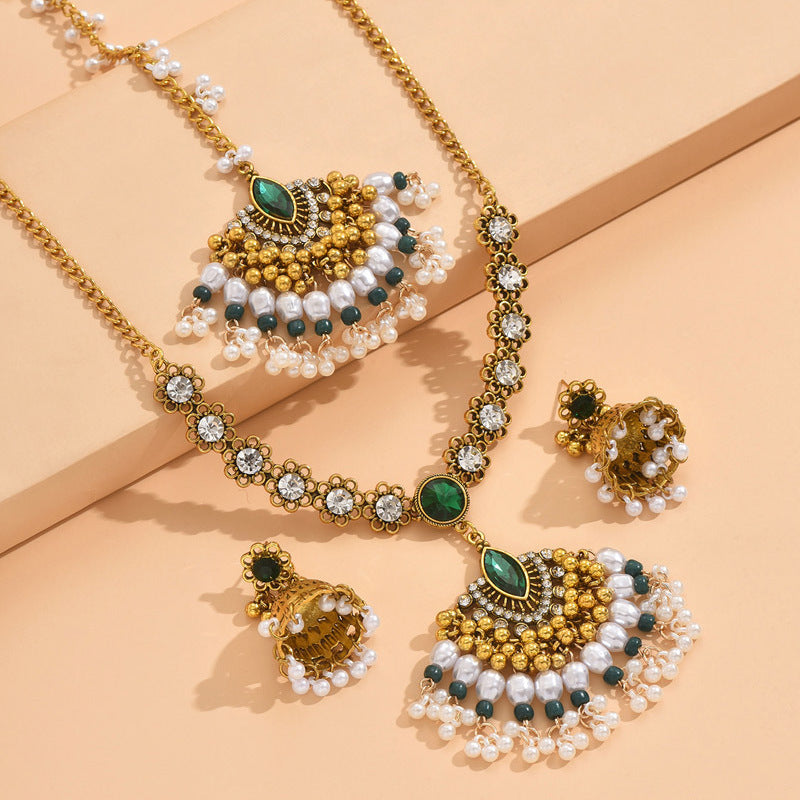 Indian Ethnic Style Vintage Gemstone Beads Jewelry Earrings Necklace set