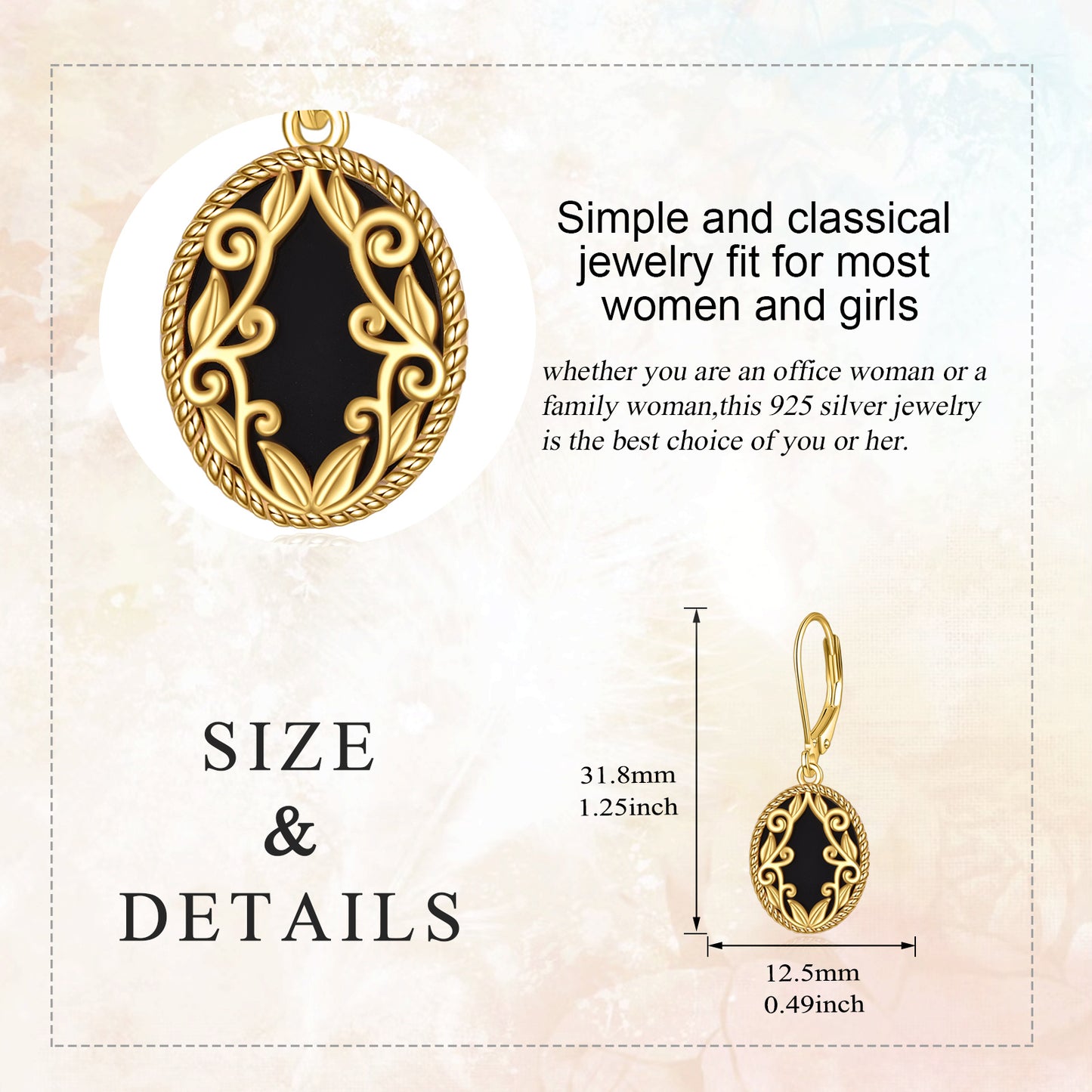 Gold Plated Black Agate Sterling Silver Drop Dangle Earrings Jewelry Gift for Women