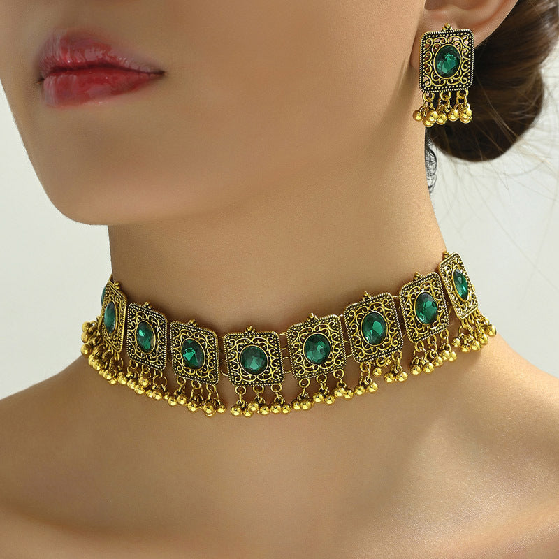 Indian Ethnic Style Vintage Gemstone Beads Jewelry Earrings Necklace set