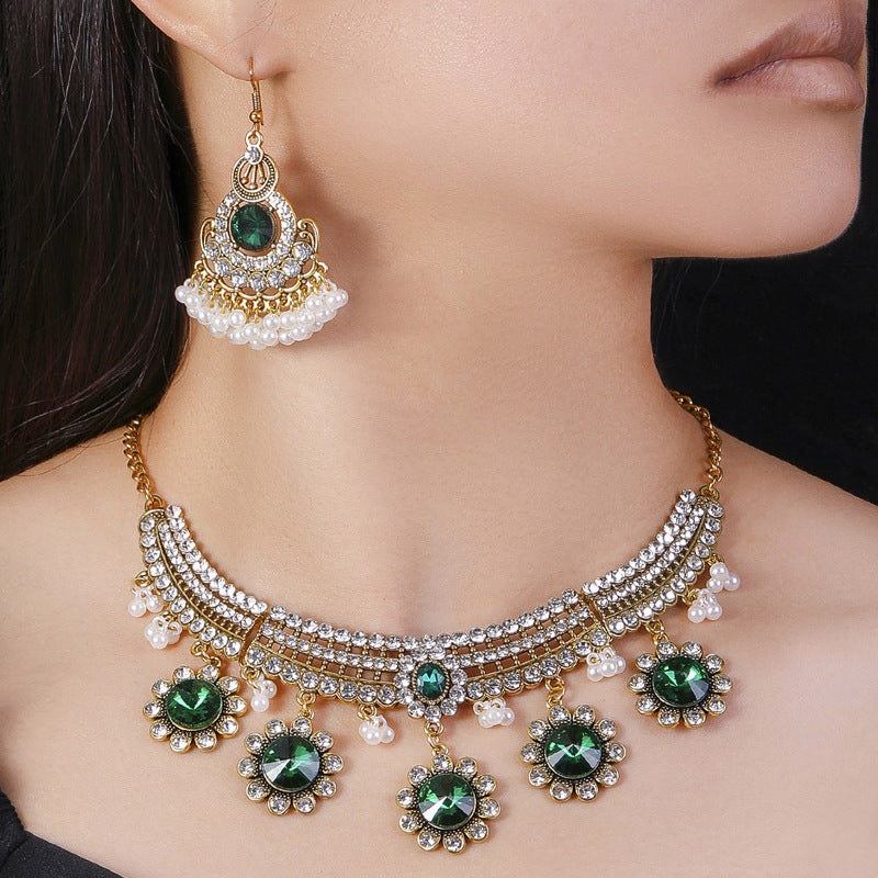 Indian Ethnic Style Vintage Gemstone Beads Jewelry Earrings Necklace set