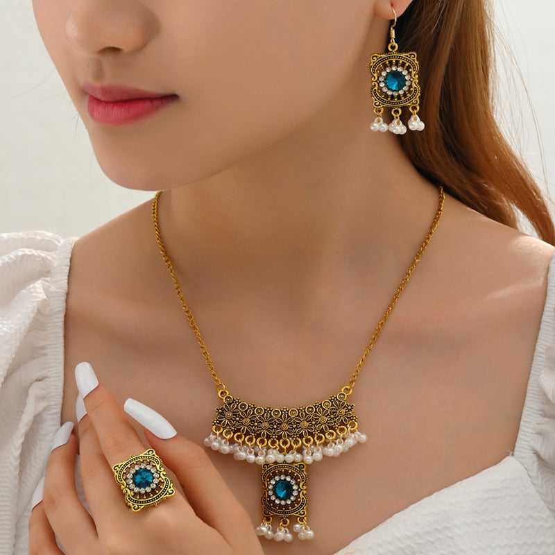 Indian Ethnic Style Vintage Gemstone Beads Jewelry Earrings Necklace set