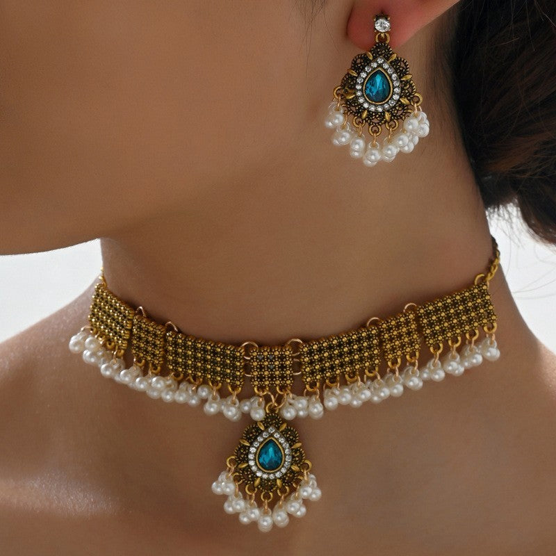 Indian Ethnic Style Vintage Gemstone Beads Jewelry Earrings Necklace set