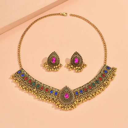 Indian Ethnic Style Vintage Gemstone Beads Jewelry Earrings Necklace set