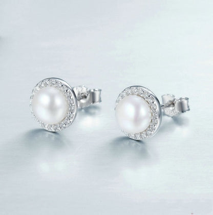 925 Sterling Silver Classic Round Sparkling CZ Freshwater Pearl Stud Earrings