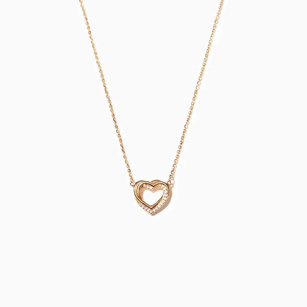 S925 Sterling Silver överlappande dubbelt ihåligt hjärta halsband för kvinnor