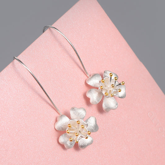Long Jewelry Craft Flower Gold-plated S925 Sterling Silver Earrings