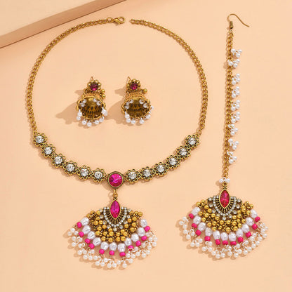 Indian Ethnic Style Vintage Gemstone Beads Jewelry Earrings Necklace set