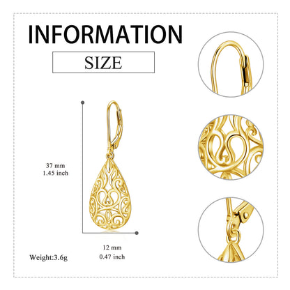Sterling Silver Teardrop Filigree Dangle Drop Leverback Earrings Jewelry