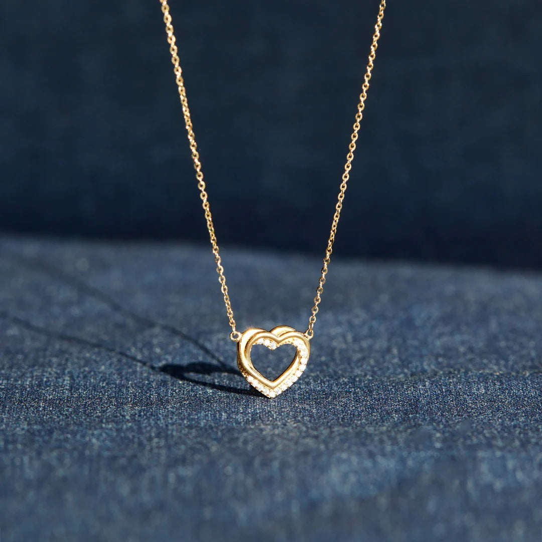 S925 Sterling Silver överlappande dubbelt ihåligt hjärta halsband för kvinnor