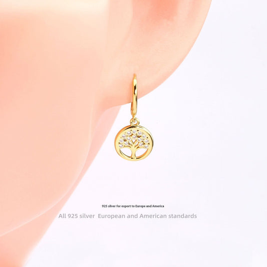 S925 Sterling Sølv Indlagt Zircon Lucky Tree Øreringe Højkvalitets guldbelagte øreclips
