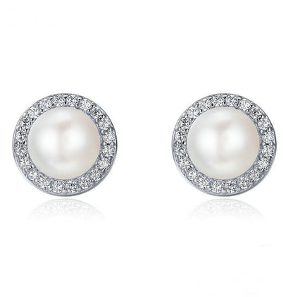 925 Sterling Silver Classic Round Sparkling CZ Freshwater Pearl Stud Earrings