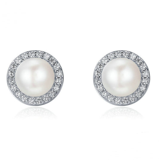 925 Sterling Silver Classic Round Sparkling CZ Freshwater Pearl Stud Earrings