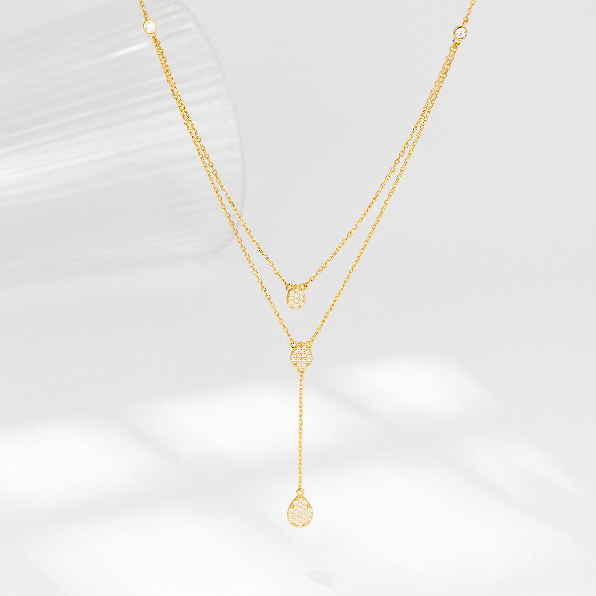 925 Silver Simple Elegant High-grade Clavicle Chain Water Drop Diamond Double-layer Necklace For Women