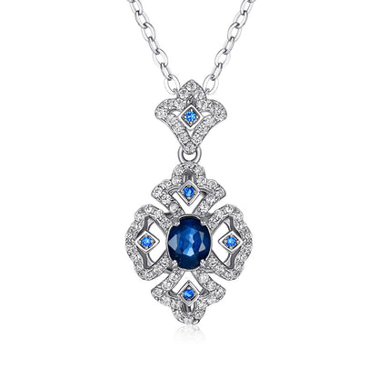 S925 Sølv Retro Mønster Halskæde Kvinders Alsidig Natural Safir Pendant