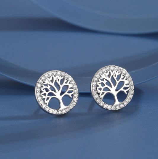 925 Sølv Runde Silver Tree Zircon Øreringe Elegante øreringe til kvinder
