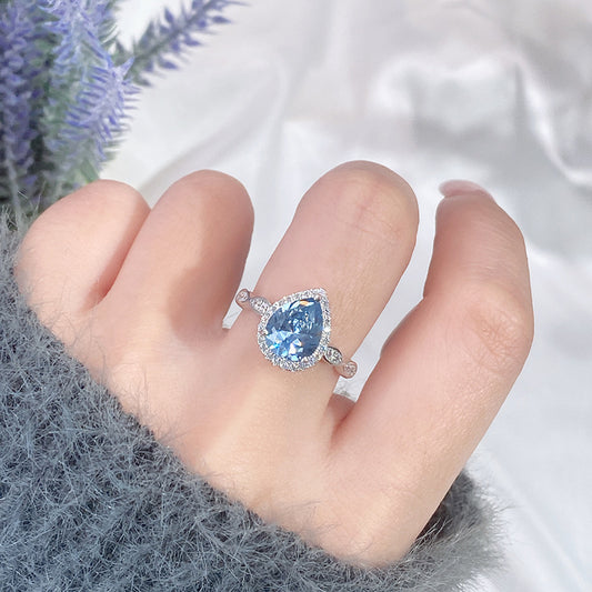 Farvede ædelstene Ring Kvinde S925 Sterling Sølv Ocean Blue Temperament Pendler