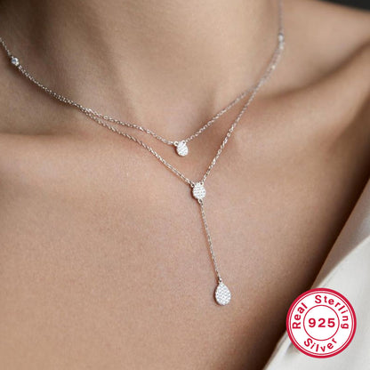 925 Silver Simple Elegant High-grade Clavicle Chain Water Drop Diamond Double-layer Necklace For Women