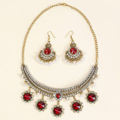 Indian Ethnic Style Vintage Gemstone Beads Jewelry Earrings Necklace set