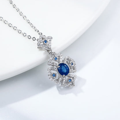 S925 Sølv Retro Mønster Halskæde Kvinders Alsidig Natural Safir Pendant